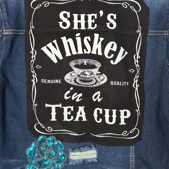 Recycled UpCycled Vintage Whiskey Denim Jacket Gypsy Hippie Bling Sequin XL 1X - Picture 5 of 5